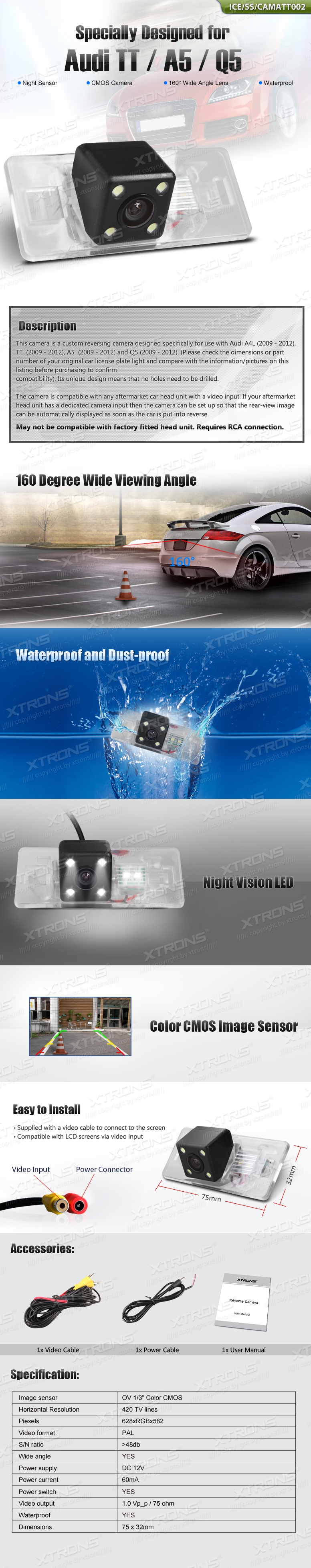 camatt002-Audi Q5/A5/TT, RCA liitmikuga Xtrons tagurdus / parkimiskaamera multimeedia naviraadiole