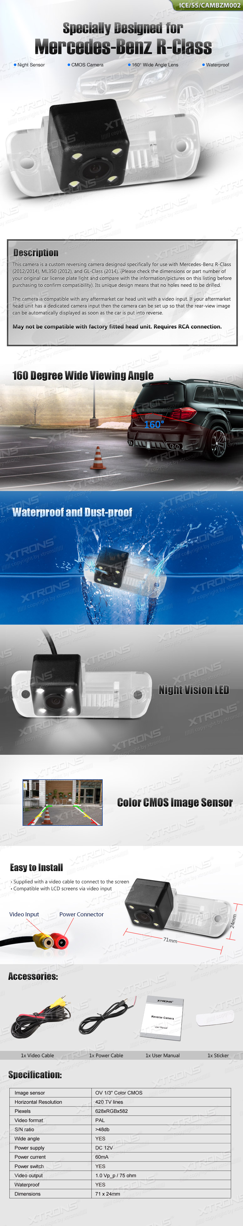 Mercedes-Benz R-Class parkimiskaamera, RCA liitmikuga Xtrons tagurdus / parkimiskaamera multimeedia naviraadiole