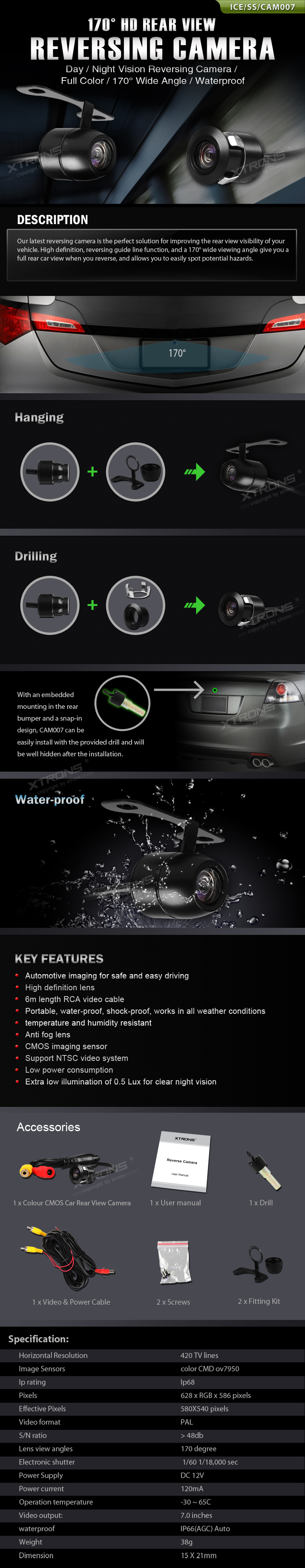 cam007-Universaalne Pysäköintikamera 170 kraadise nurgaga, RCA liitmikuga Xtrons peruutus-/pysäköintikamera multimeedia naviraadiole