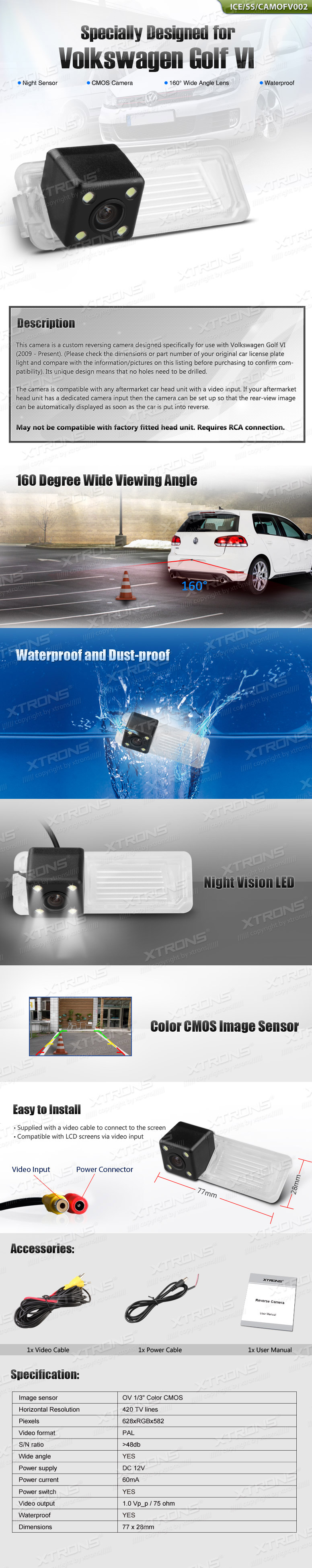 camofv001-Volkswagen Golf VI (2009-...), RCA liitmikuga Xtrons tagurdus / parkimiskaamera multimeedia naviraadiole