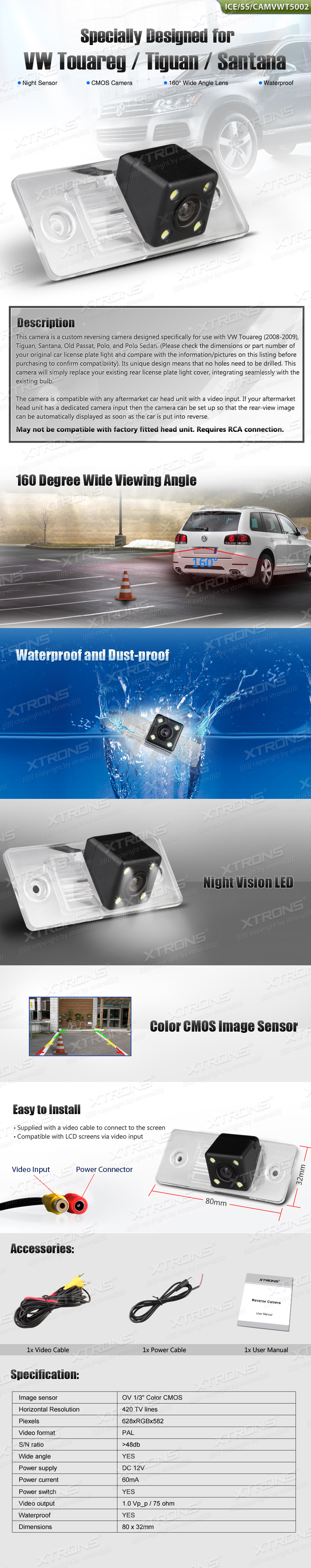 Volkswagen Touareg (2008-2009)/Tiguan/Passat/Polo, RCA liitmikuga Xtrons tagurdus / parkimiskaamera multimeedia naviraadiole